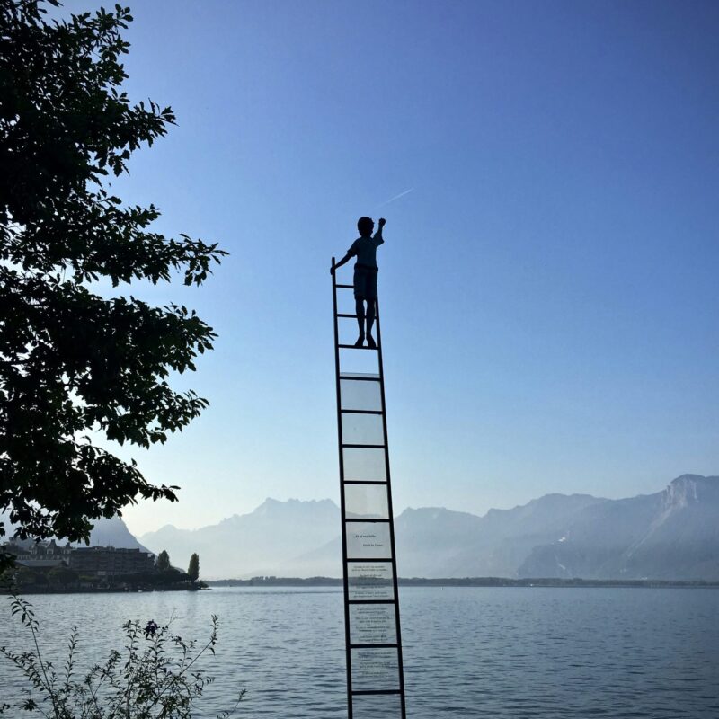 a person on a ladder in the air with blue sky
